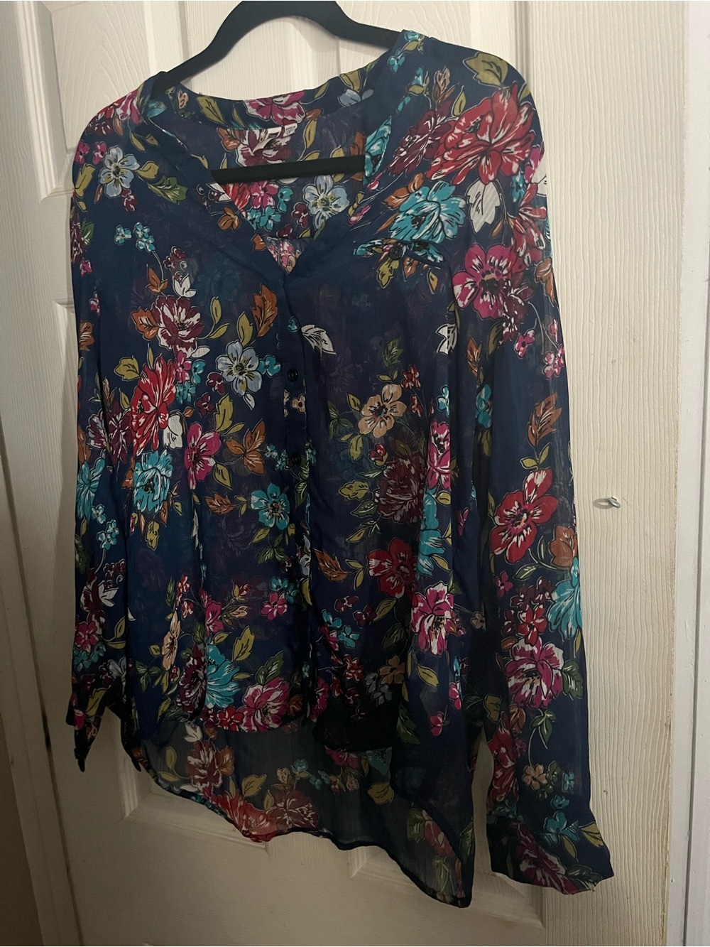 Kut from the Kloth Navy Floral Sheer Button-Front Blouse